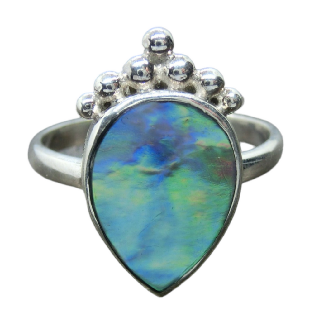drop-shaped sterling silver ring with genuine abalone shell
