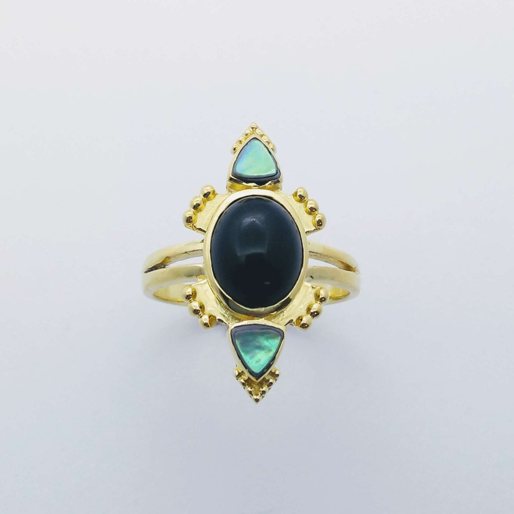 black onyx brass ring abalone shell front