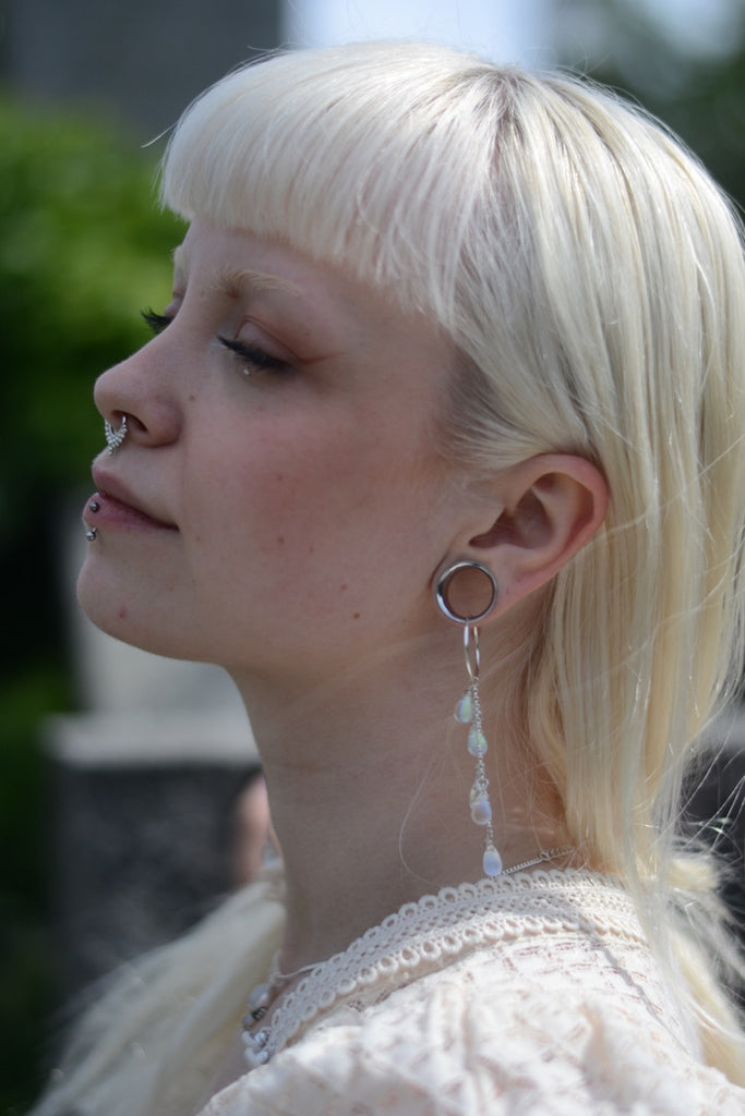 cascade earrings with drop glass beads and zen septum on model