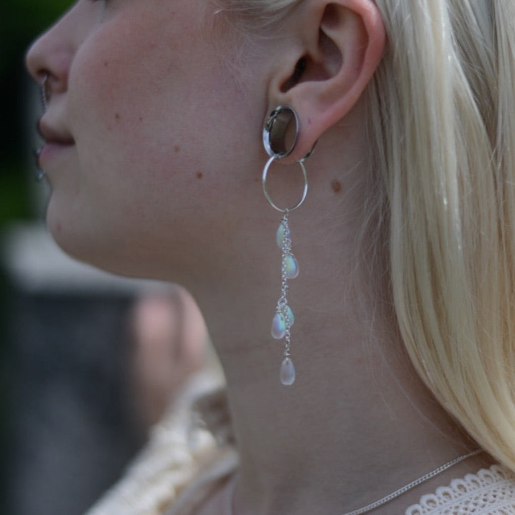 cascade earring, dangle earring, sterling silver and drop glass beads