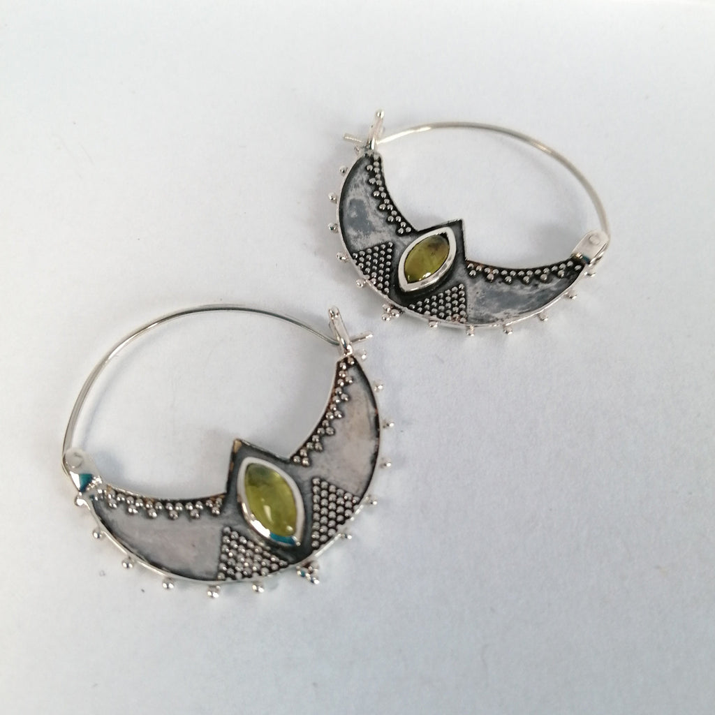 crescent hoop earrings with peridot and sterling silver