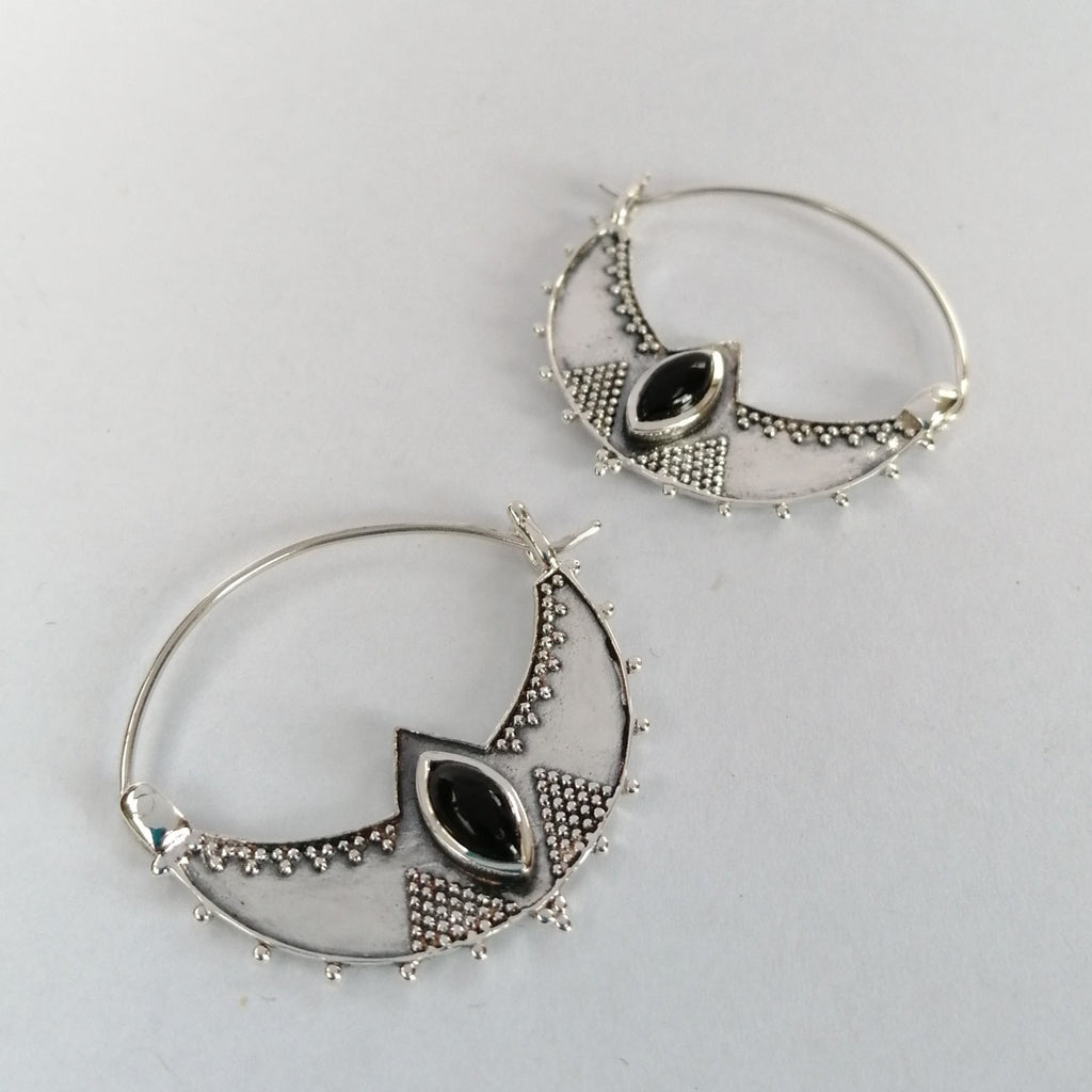 onyx hoop earrings sterling silver crescent shaped noomaad