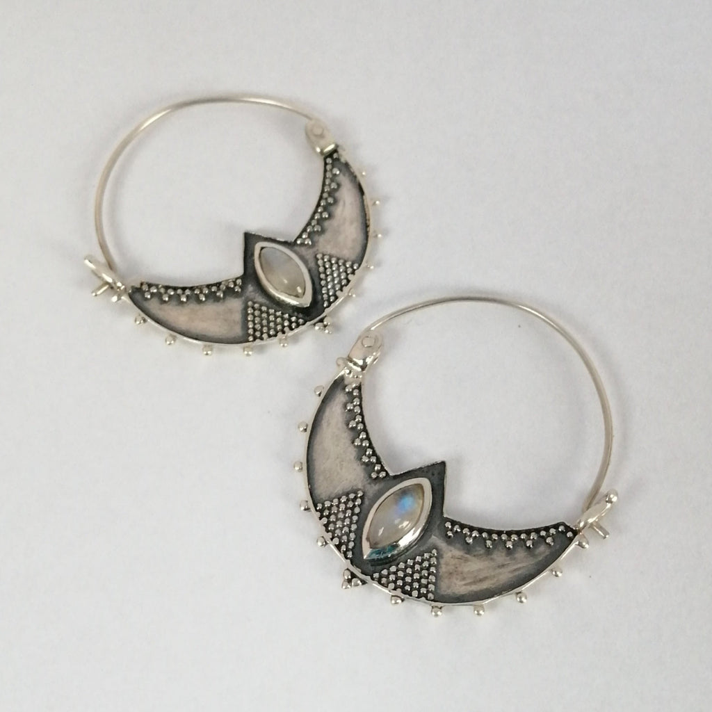 moonstone hoop earrings sterling silver crescent shaped