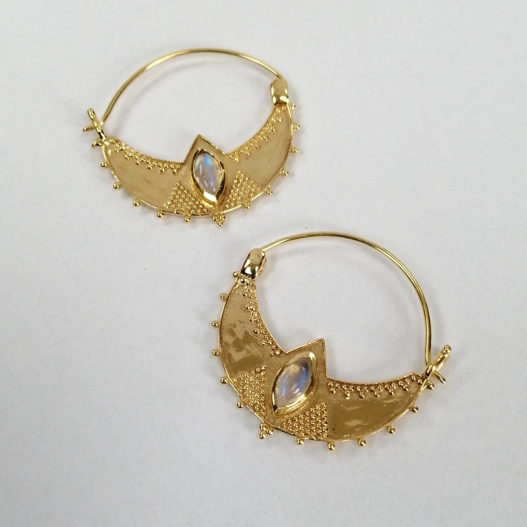 crescent hoop earrings moonstone brass