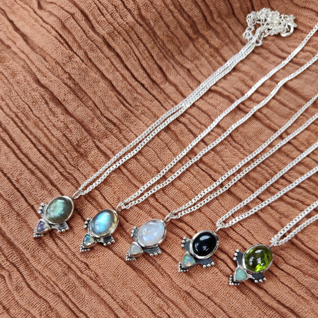 sterling silver necklace with labradorite, moonstone, onyx or peridot with opal