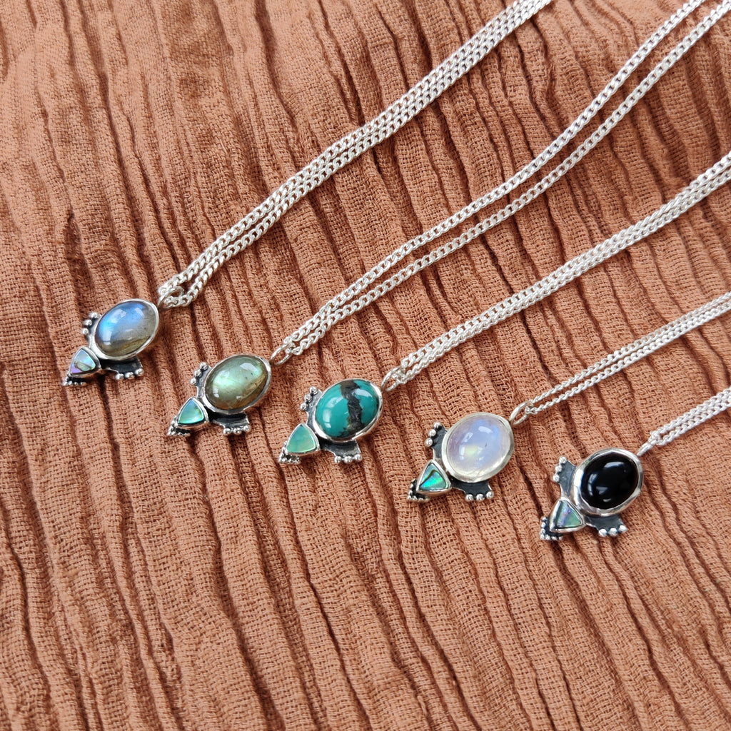 dainty gemstone necklaces crafted from sterling silver, many gemstone options, labradorite, turquoise, moonstone and black onyx with abalone shell