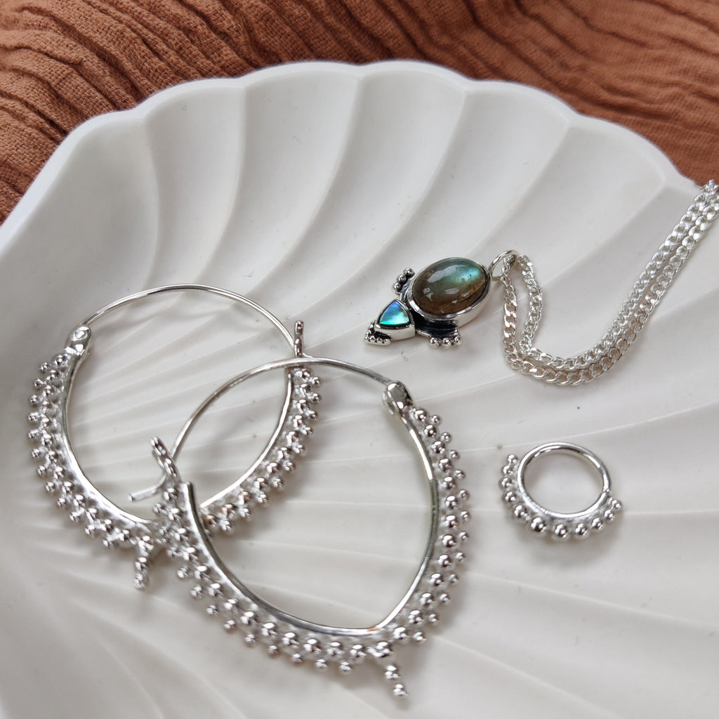 dainty labradorite necklace, ornamental hoop earrings and septum creafted from sterling silver