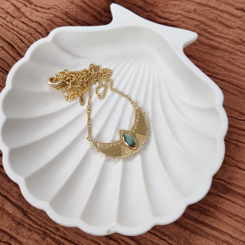 crescent necklace with abalone shell, crafted from brass