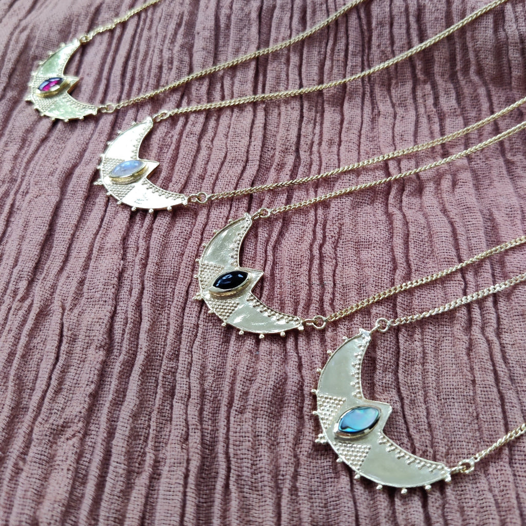 crescent necklace with abalone shell, ony, moonstone or garnet
