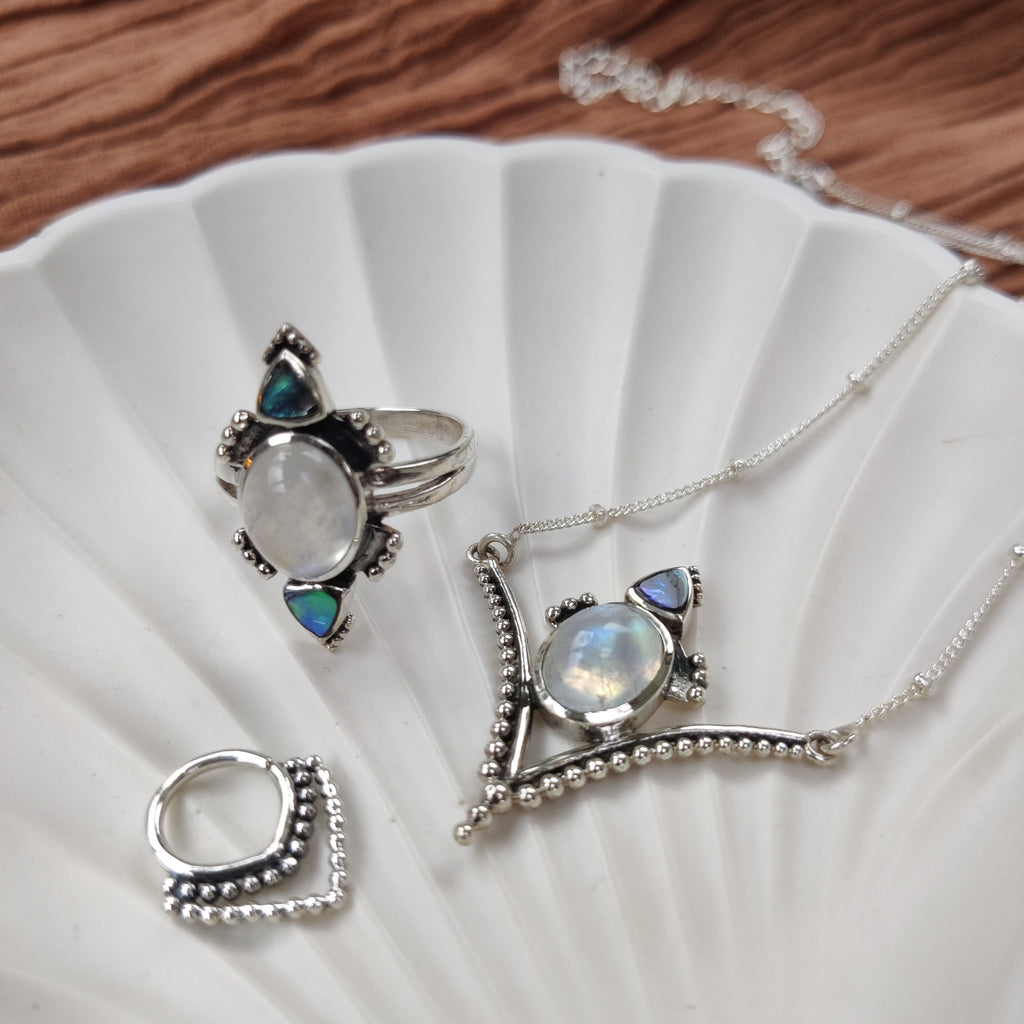 moonstone and sterling silver ring, necklace and septum