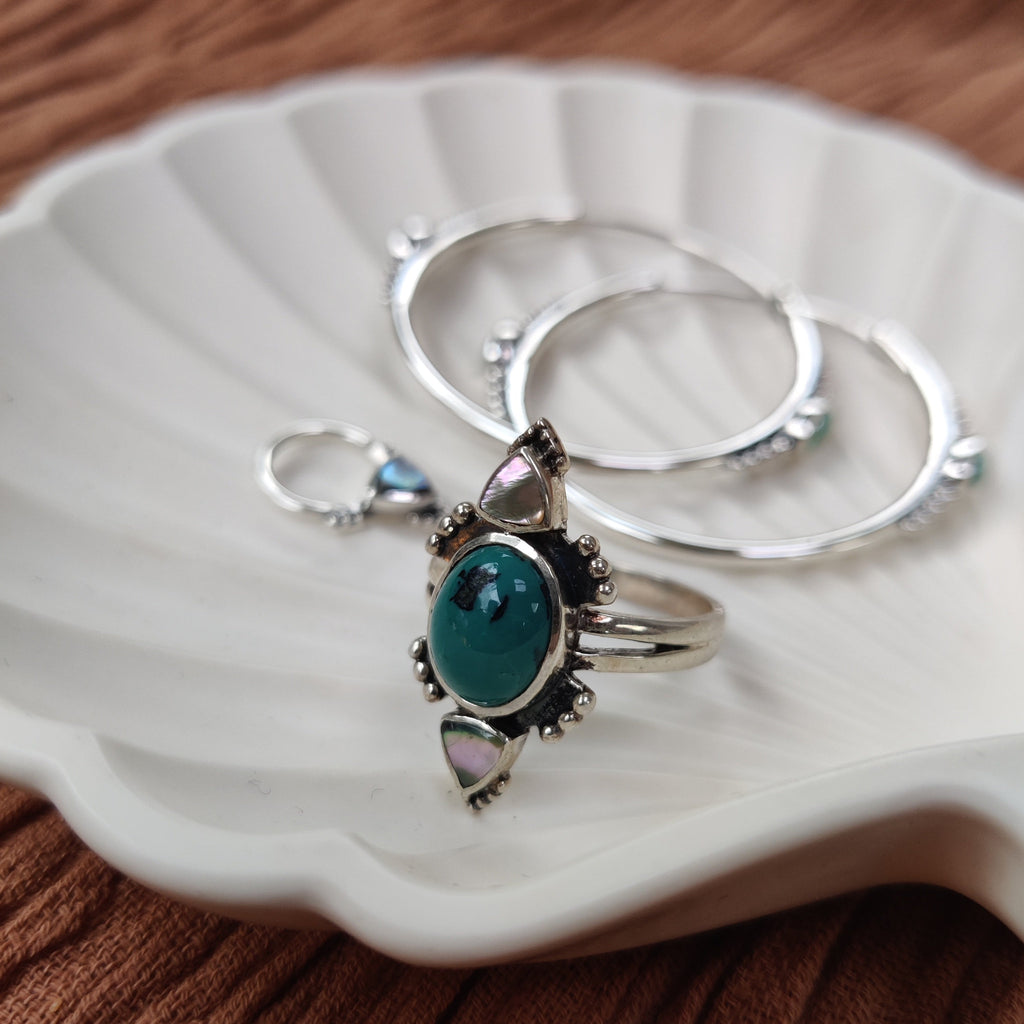 ritual ring with turquoise and abalone shell, crafted from sterling silver