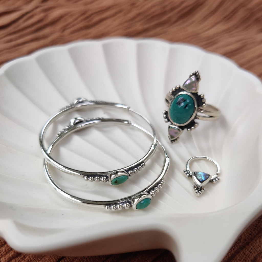 hoop earrings, bohemian turquoise ring and septum made from silver 