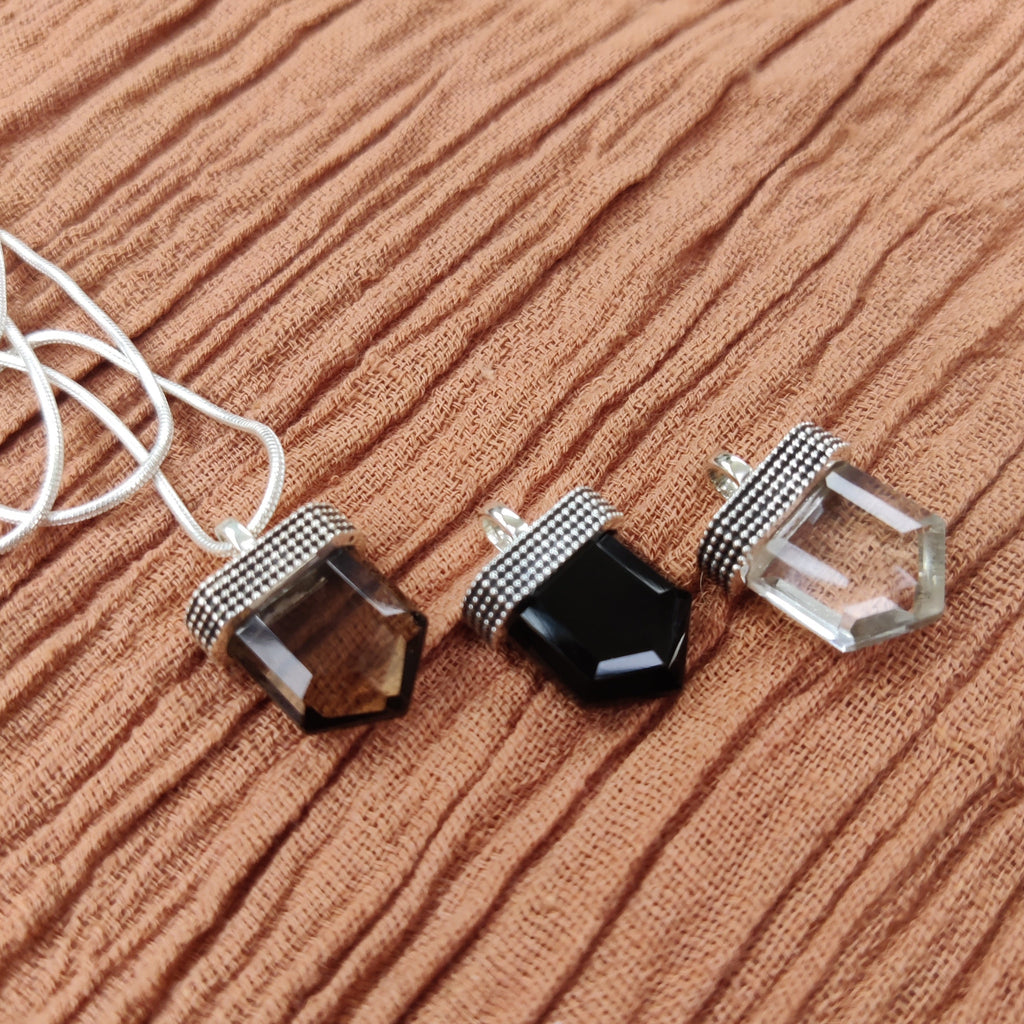 smokey quartz, black onyx and clear quartz necklaces crafted from sterling silver