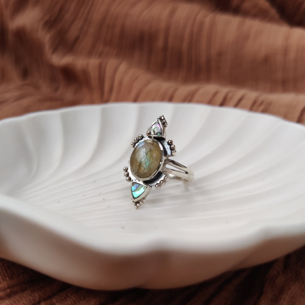 labradorite ring sterling silver with abalone shell, bohemian ring by noomaad
