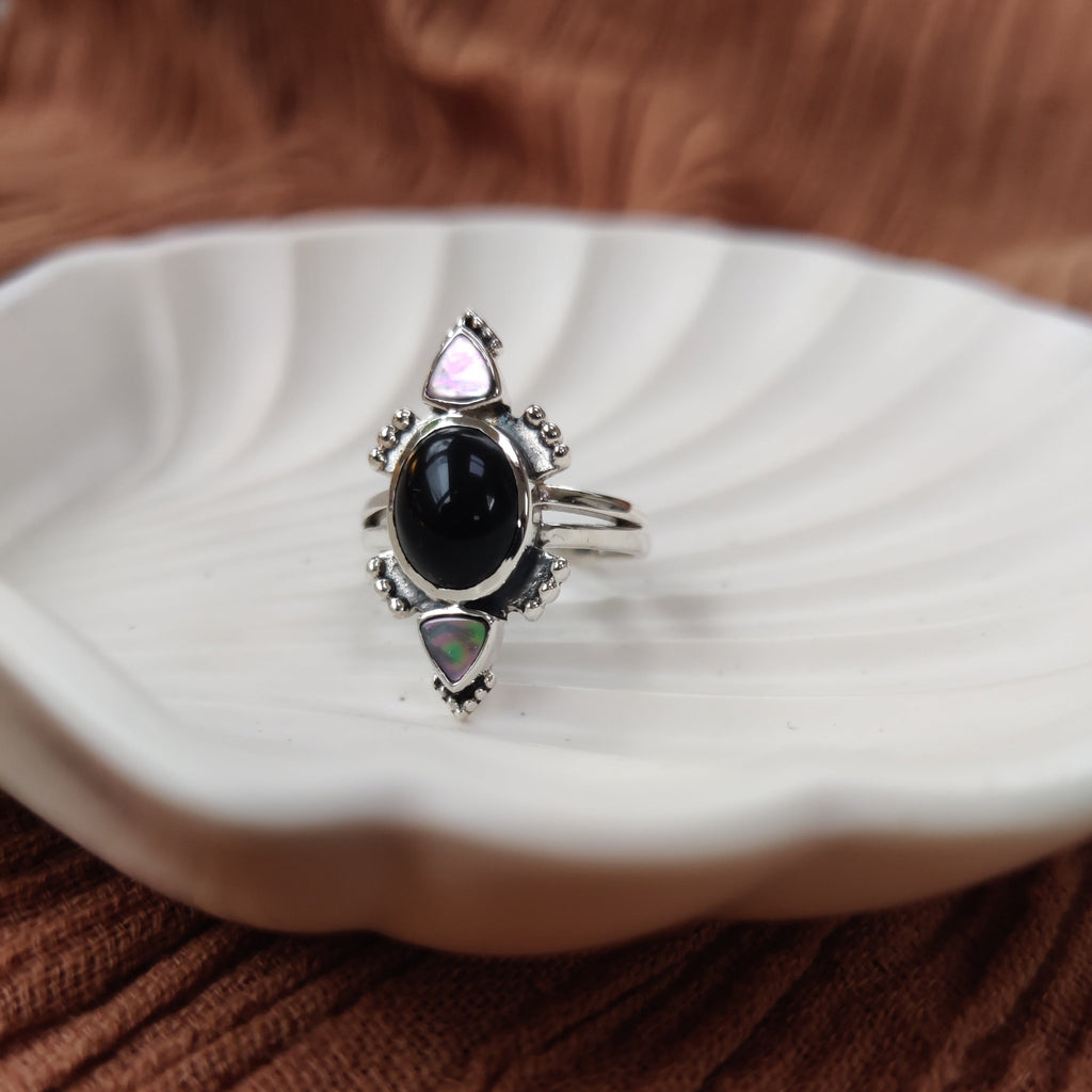 onyx ring crafted from sterling silver adorned with abalone shell, double banded bohemian ring