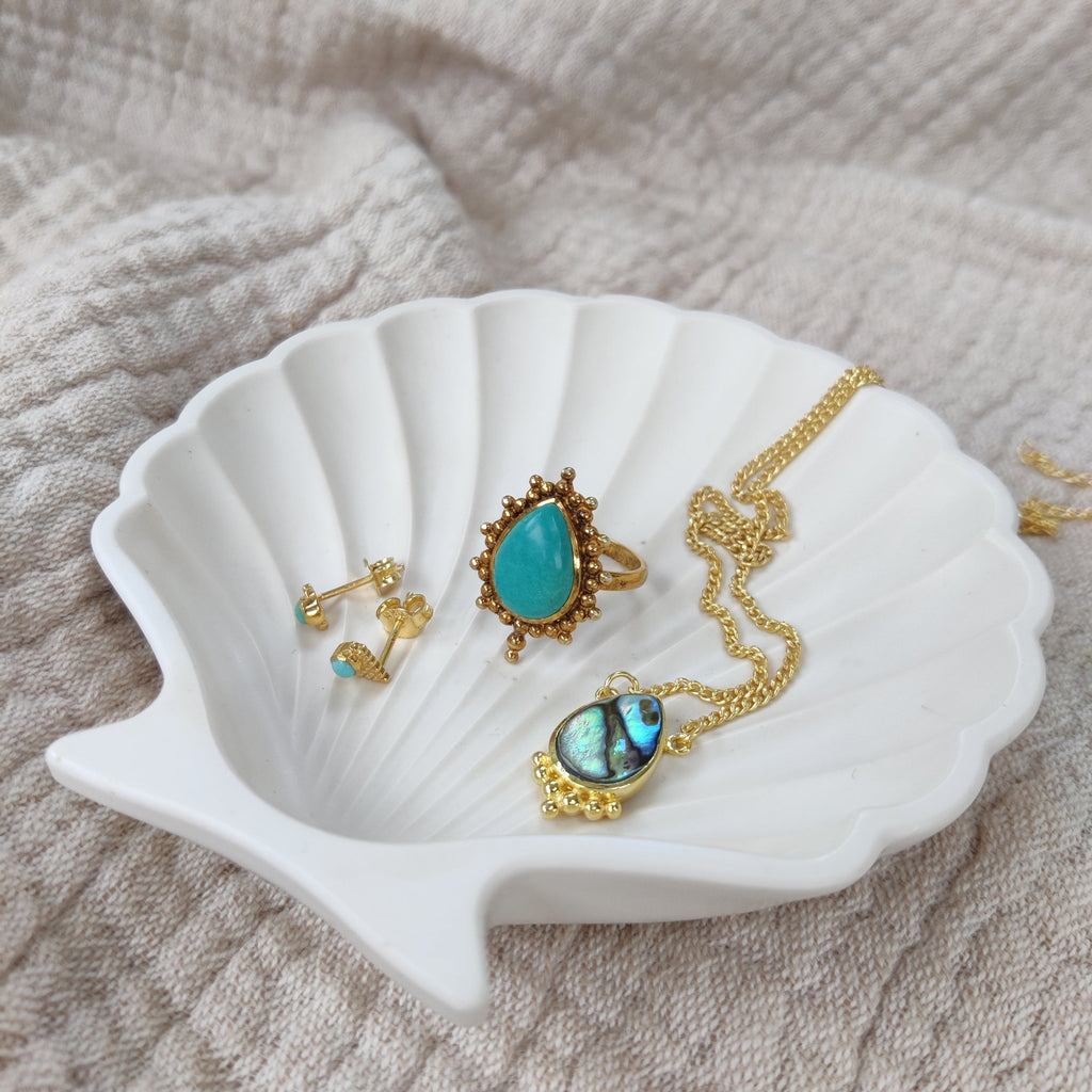 turquoise ring and earrings, abalone shell necklace noomaad design