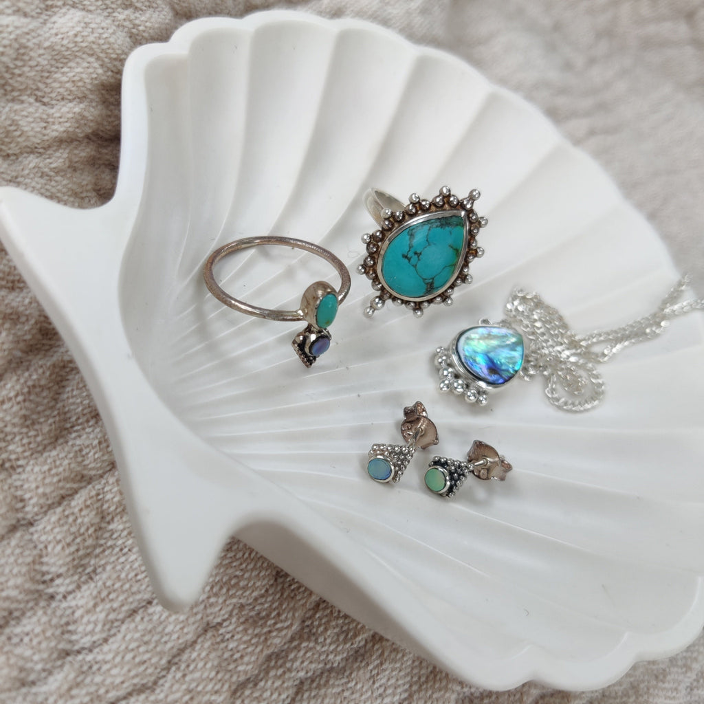 dainty stud earrings and neckace with abalone shell and turquoise rings, design by noomaad