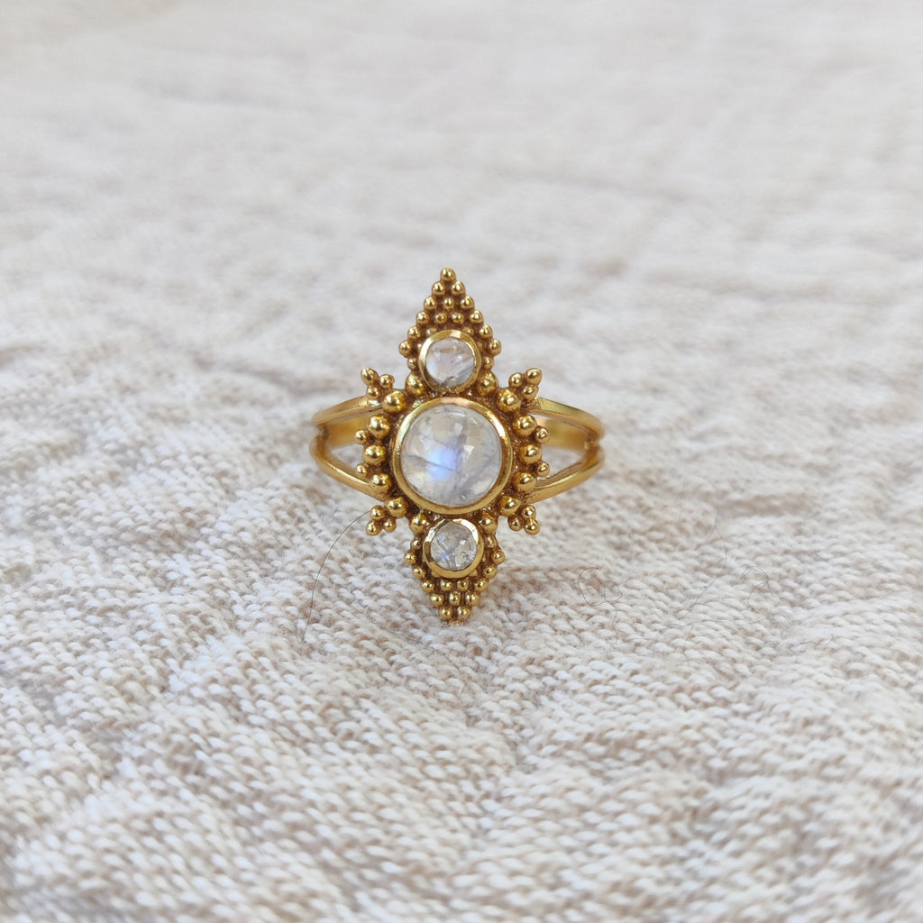 pyramid ring with moonstones, crafted from brass, design by noomaad