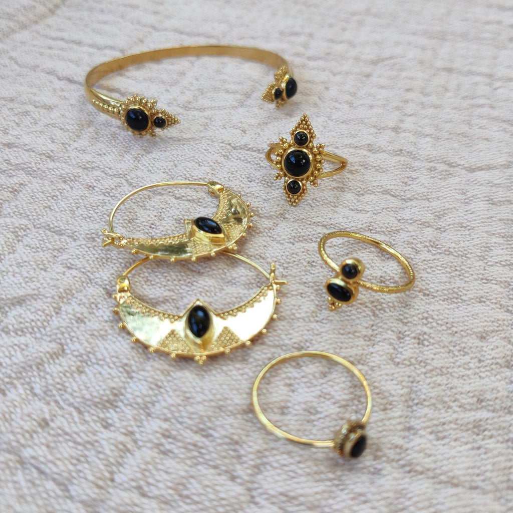 black onyx earrings, rings and cuff bracelet. noomaad design