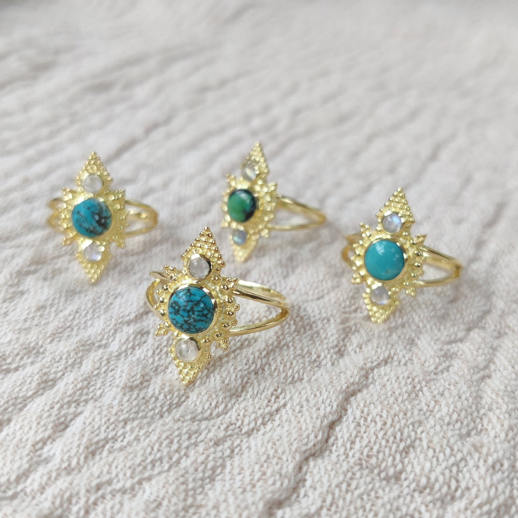 tibetan turquoise rings with moonstone, pyramid ring, design by noomaad