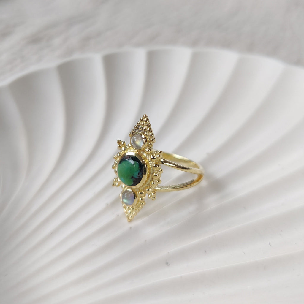bohemian turquoise and moonstone ring, pyramid ring design by noomaad