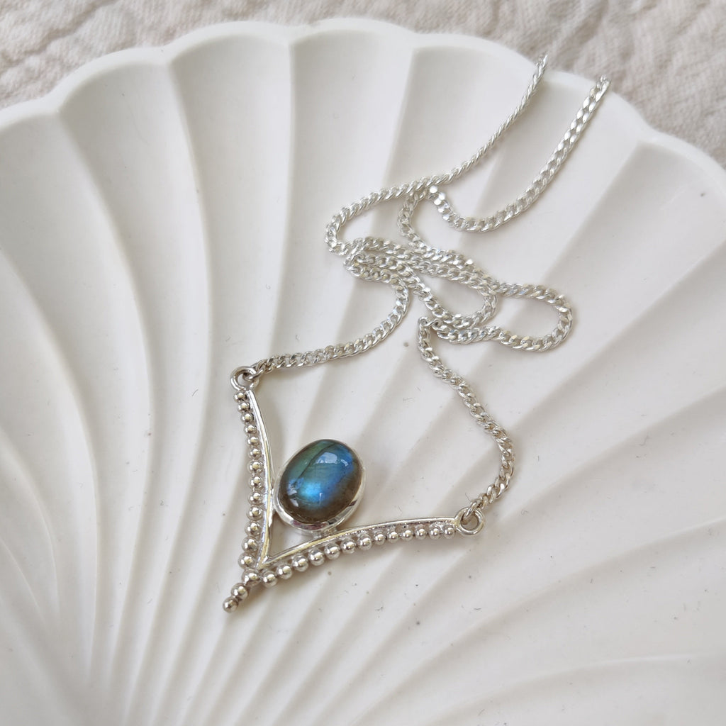 feminine labradorite necklace crafted from sterling silver