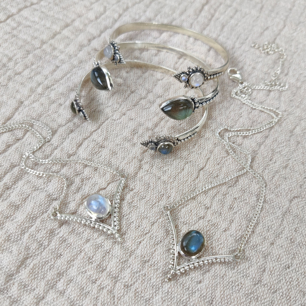 moonstone and labradorite jewelry, necklaces and cuff bracelets, sterling silver