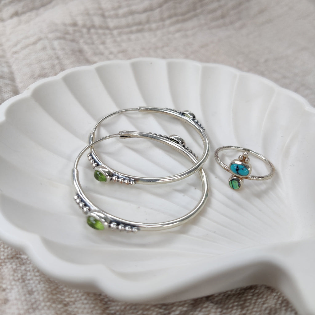 peridot hoop earrings and small ring with turquoise and abalone shell, sterling silver 