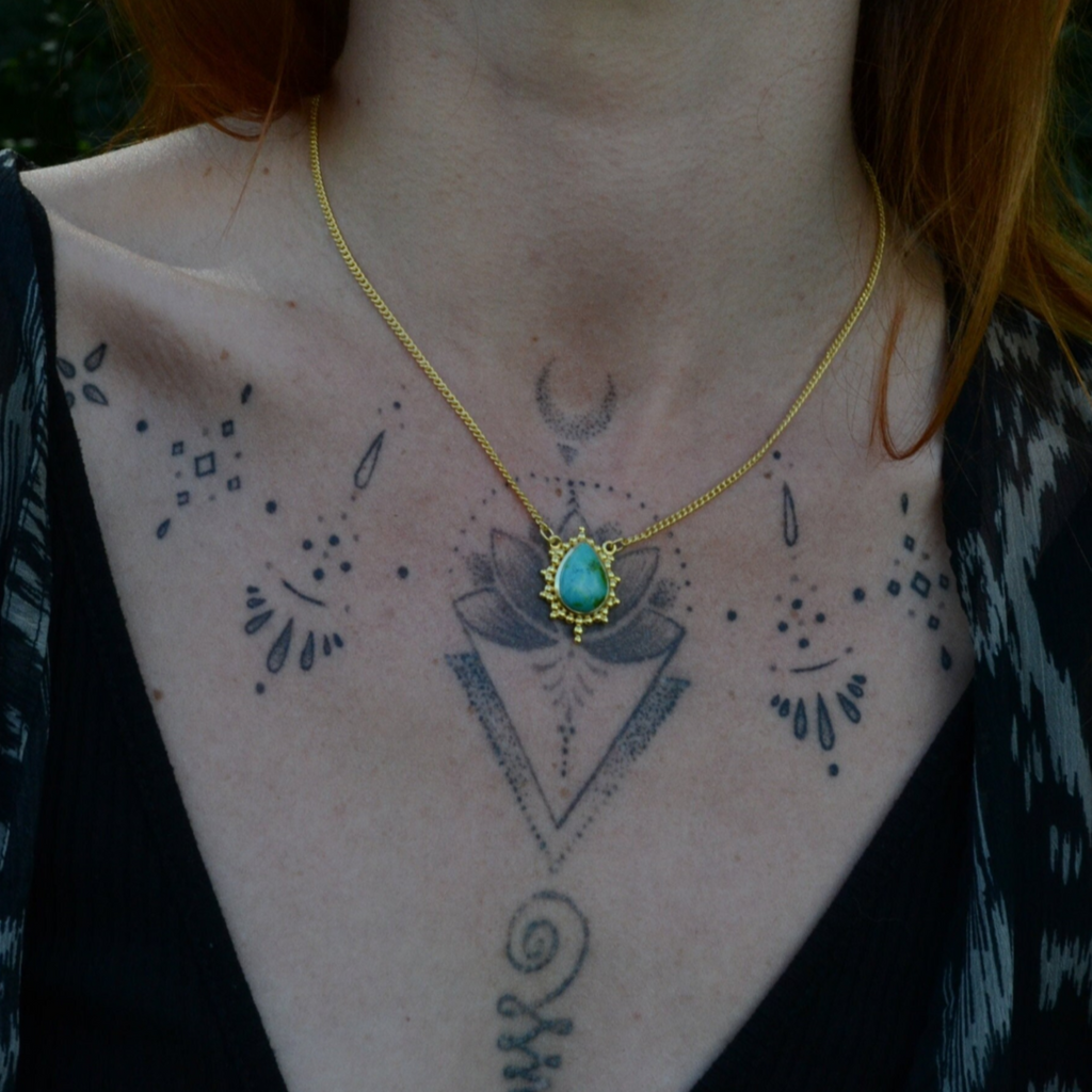 turquoise necklace brass on model