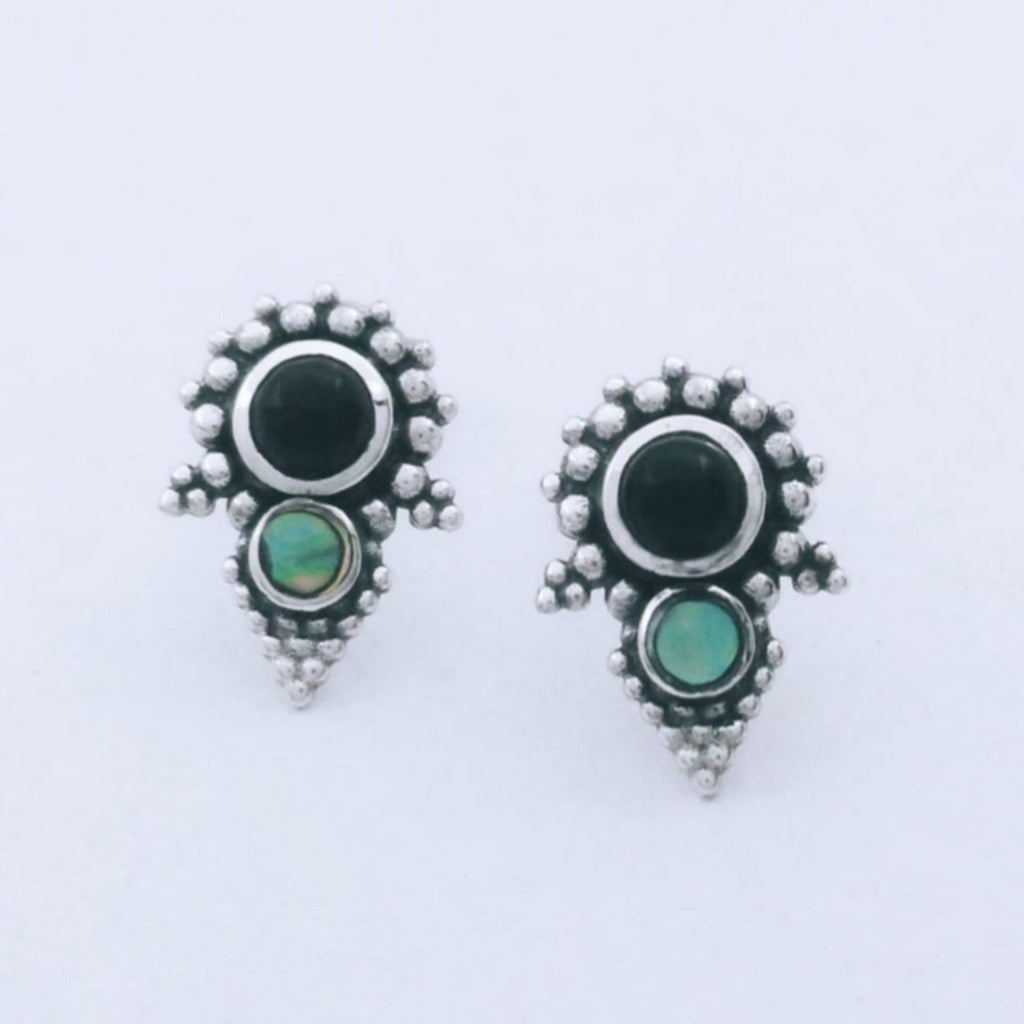 pyramid stud earrings abalone shell and black onyx sterling silver