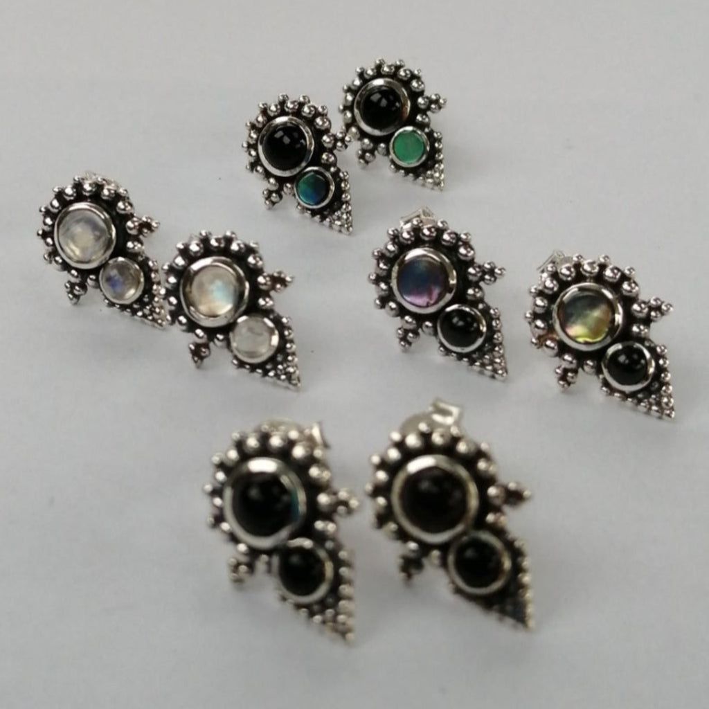 pyramid stud earrings sterling silver and mixed gemstones