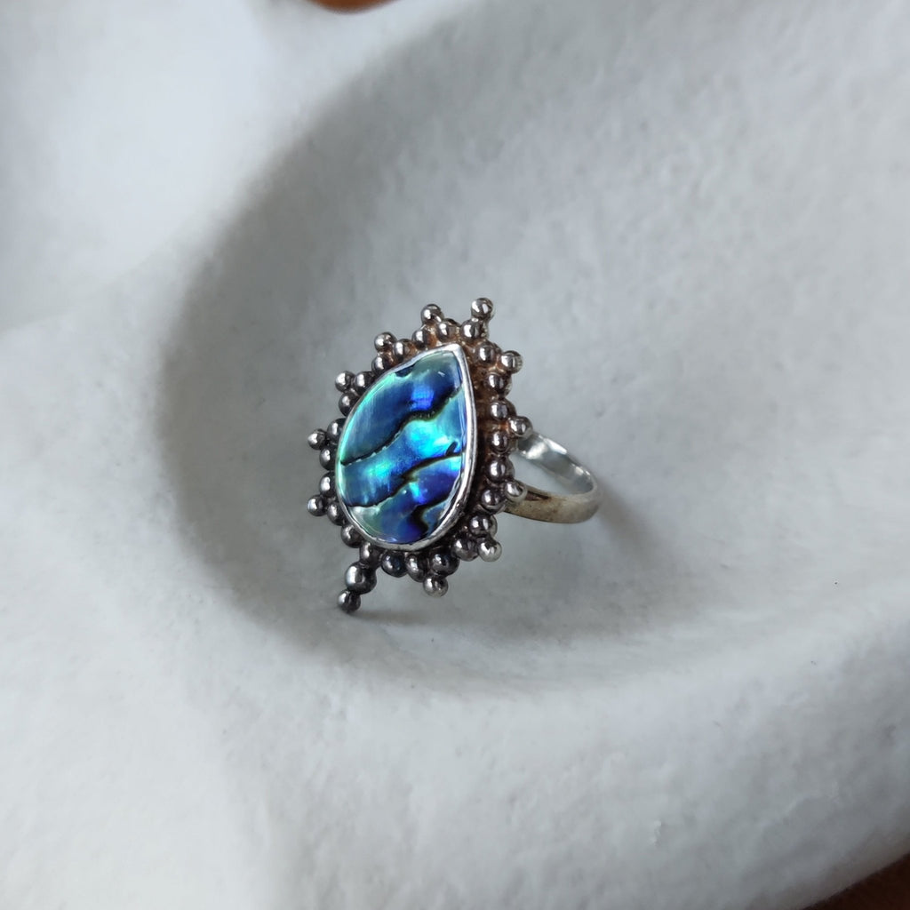 blue and green abalone shell ring, sterling silver.