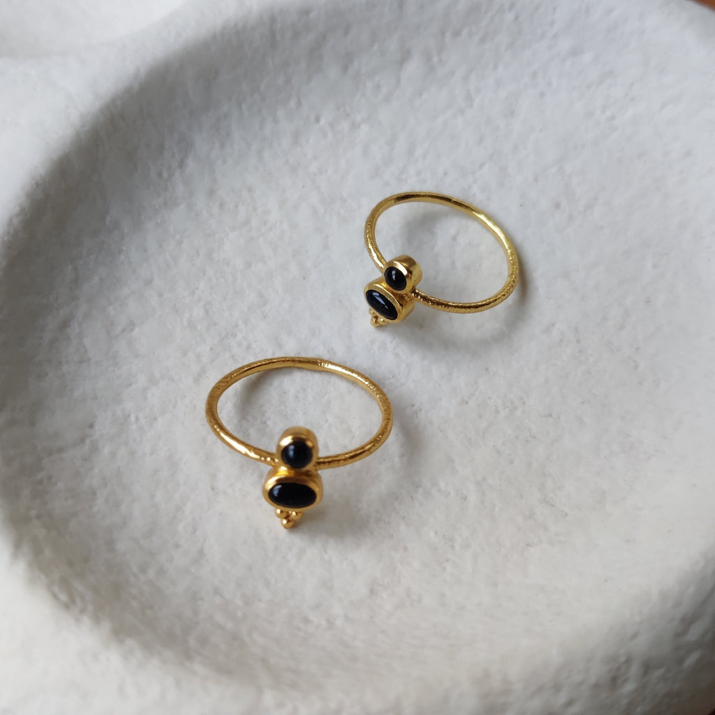 black onyx brass rings, two different angles.