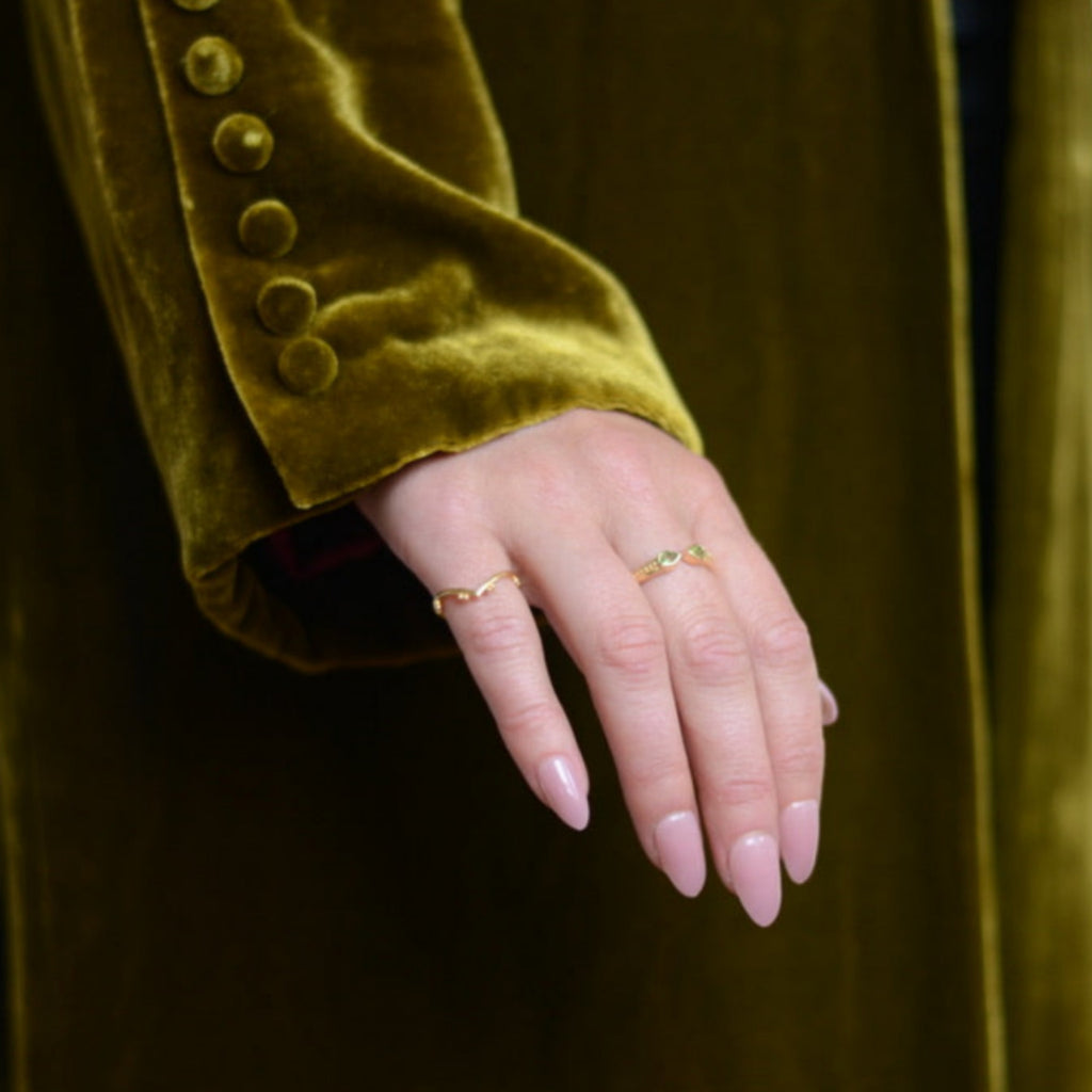 Hand wearing gold rings with a blurred background.