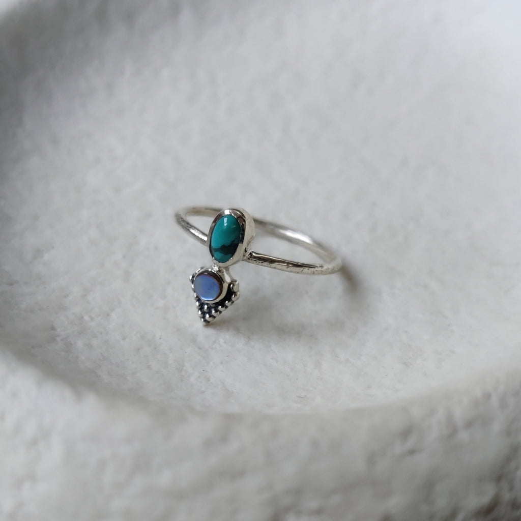 Turquoise and abalone shell silver ring.