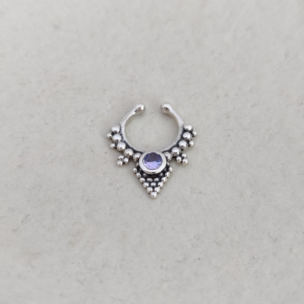 Sterling silver fake septum nose ring with tanzanite gemstone