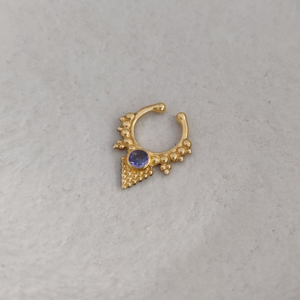 Gold vermeil fake septum with purple tanzanite gemstone
