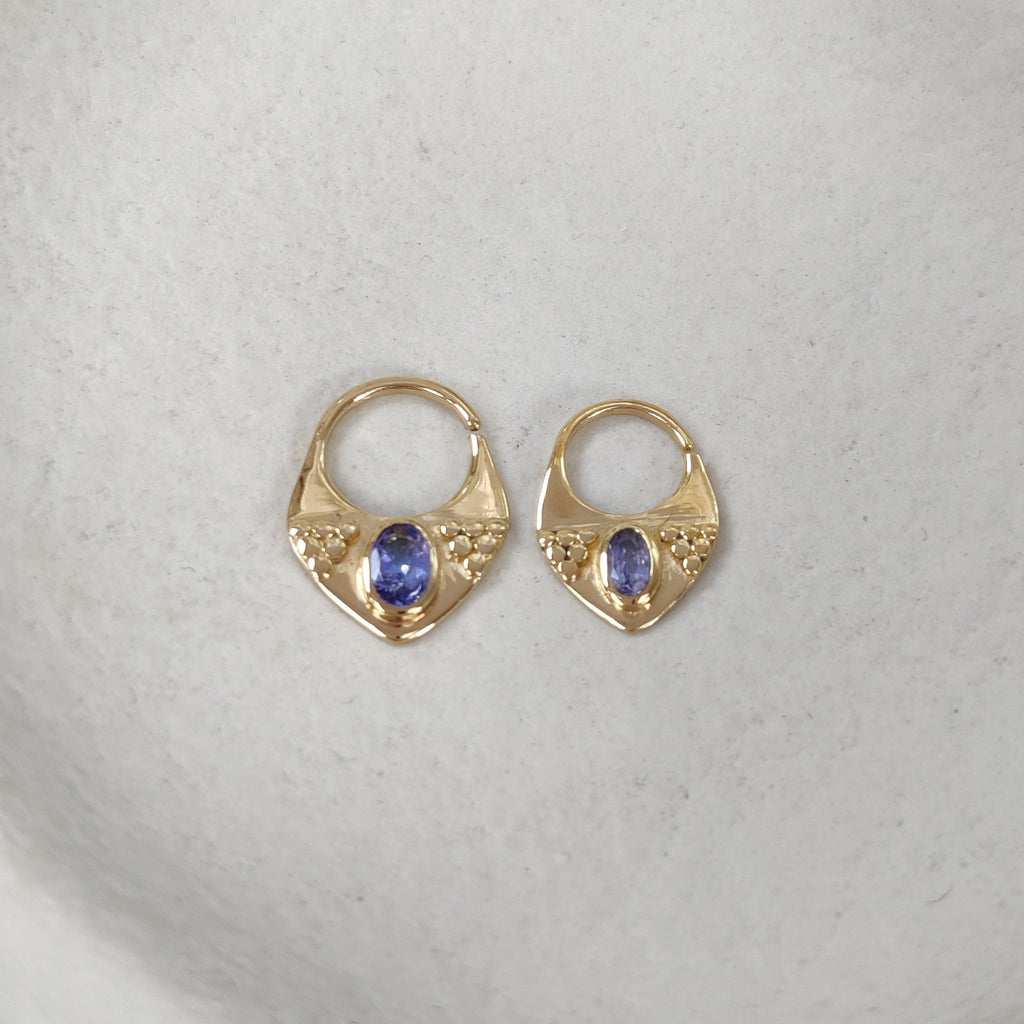 Two septum jewelry displayed side by side, to compare the size and diameter