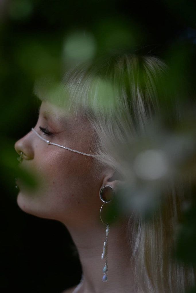 Long, Cascade Hoop Earring with Freshwater Pearls and Drop Glass Beads