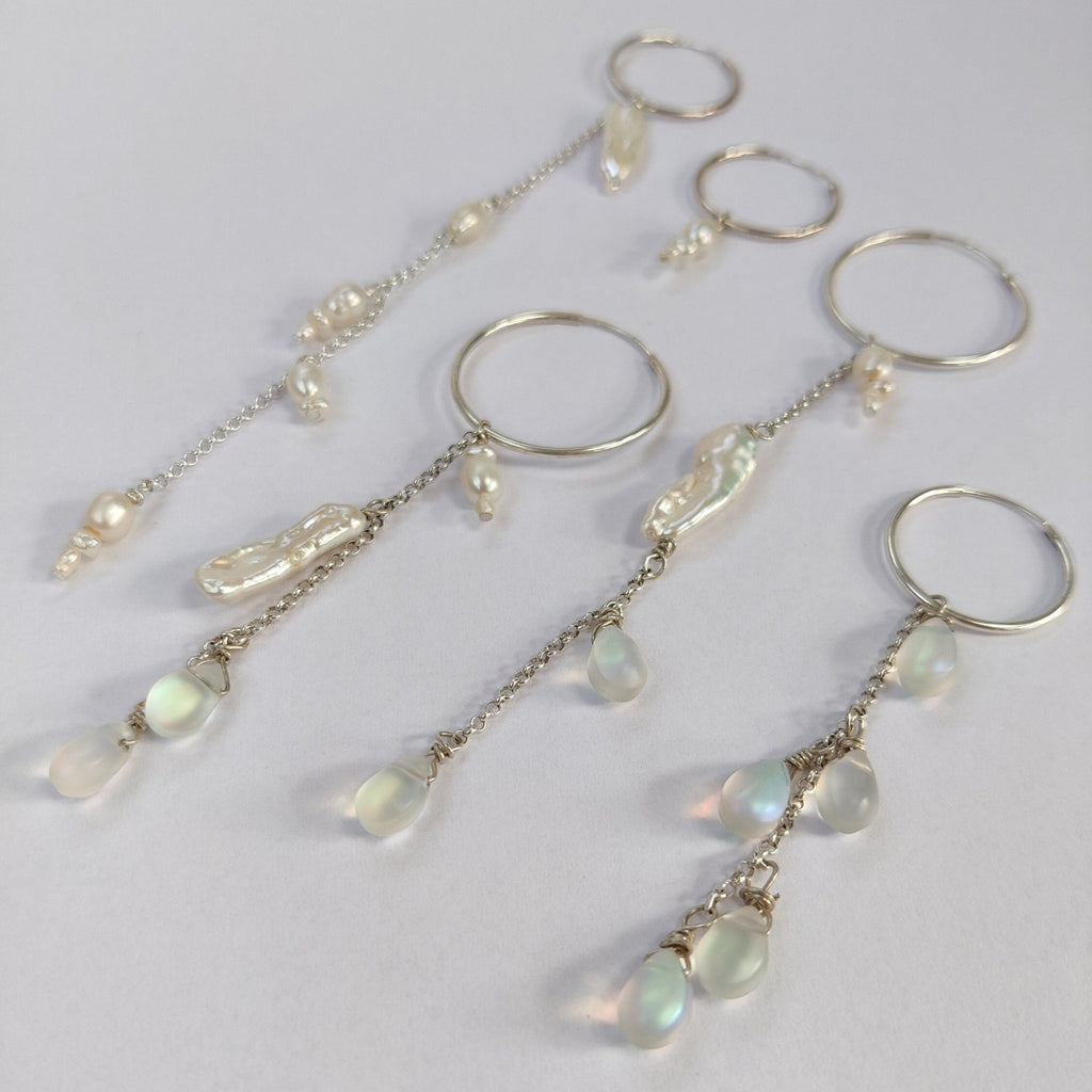 long cascade earrings, pearls and drop beads, sterling silver