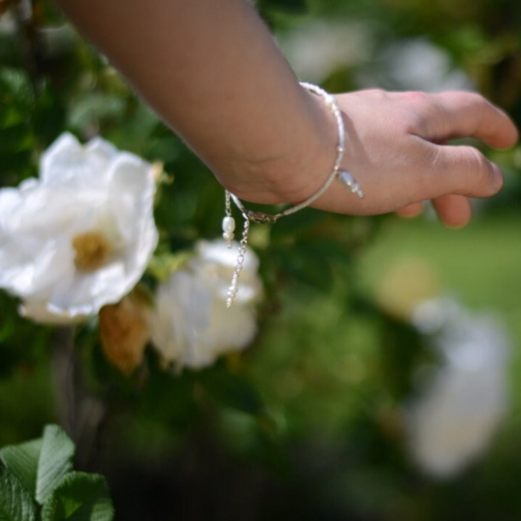 Pearl Bracelet with Glass Beads and Charms, bohemian style, bridal