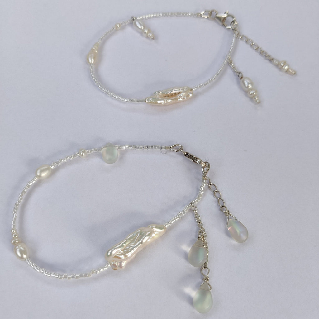 pearl bracelets with glass beads and charms, sterling silver