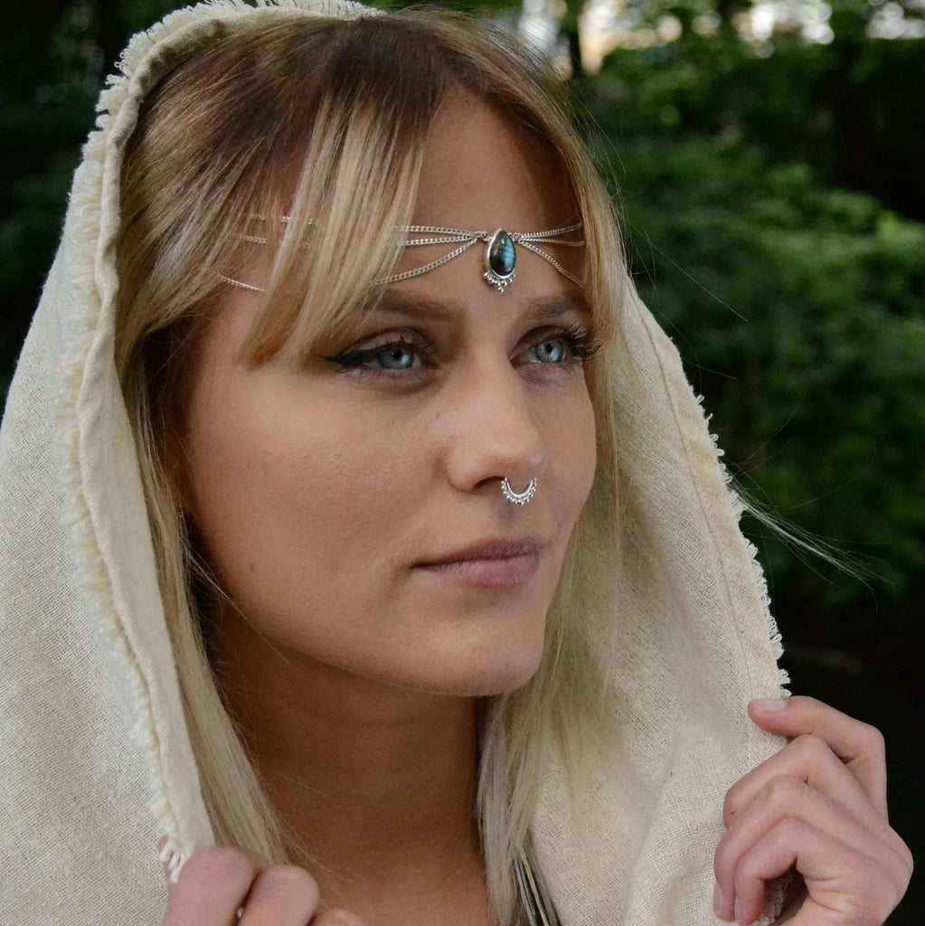 model wearing a head chain with labradorite