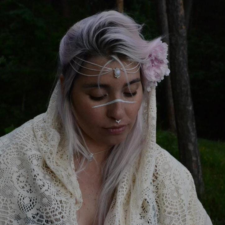 model wearing a moonstone head chain