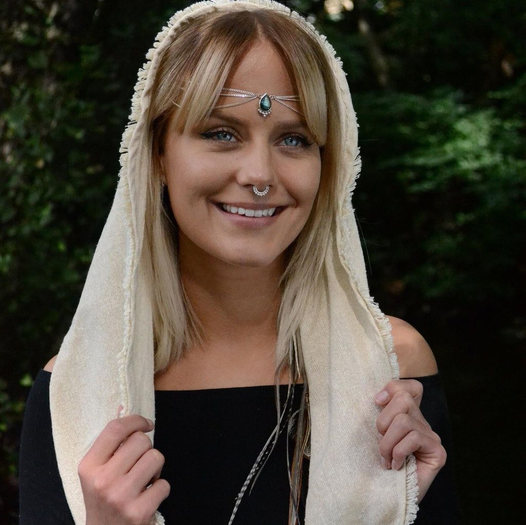 model wearing a labradorite head chain