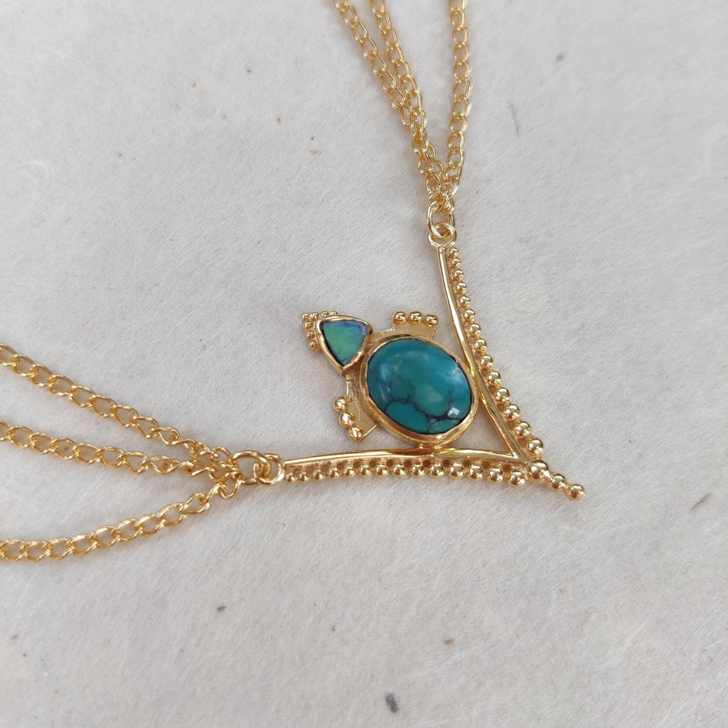 Gold head chain with turquoise and abalone shell. The design is v-shaped, with three chains draping from each side.