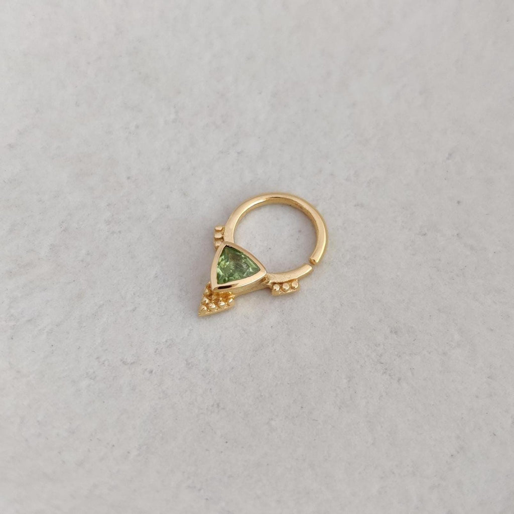 Bohemian gold septum nose ring with green gemstone