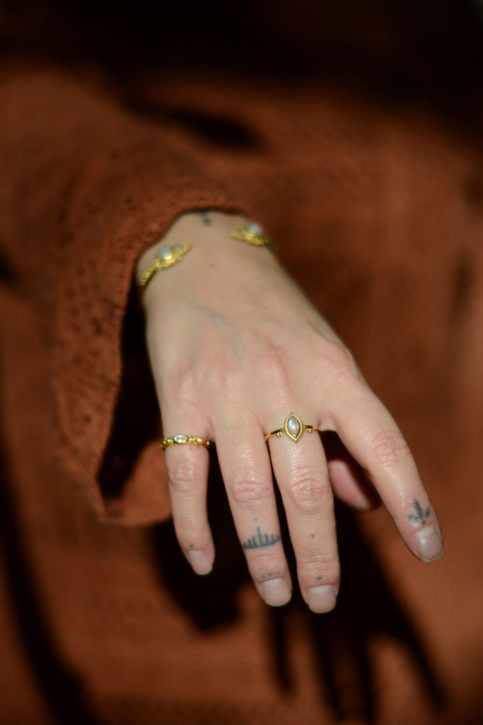Hand with gold rings on a brown background