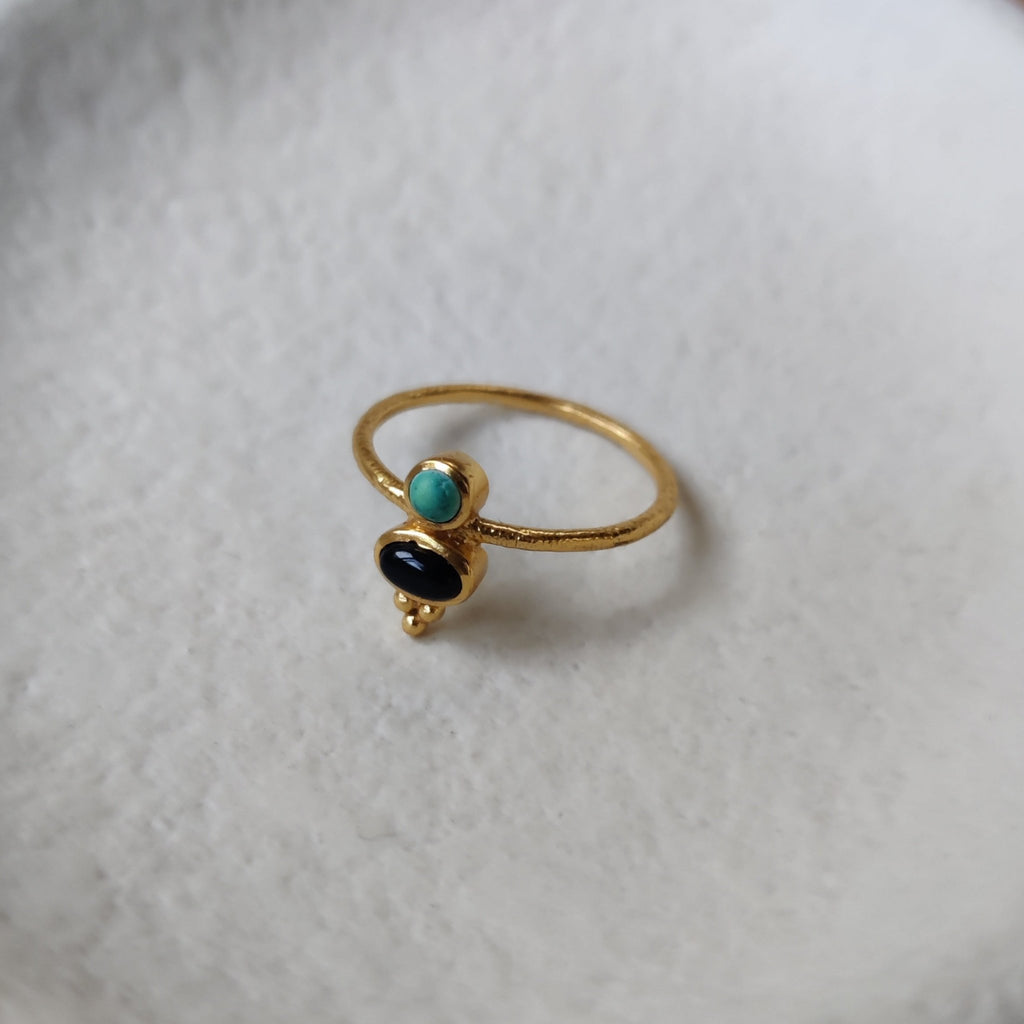 dainty brass gemstone ring with onyx and turquoise