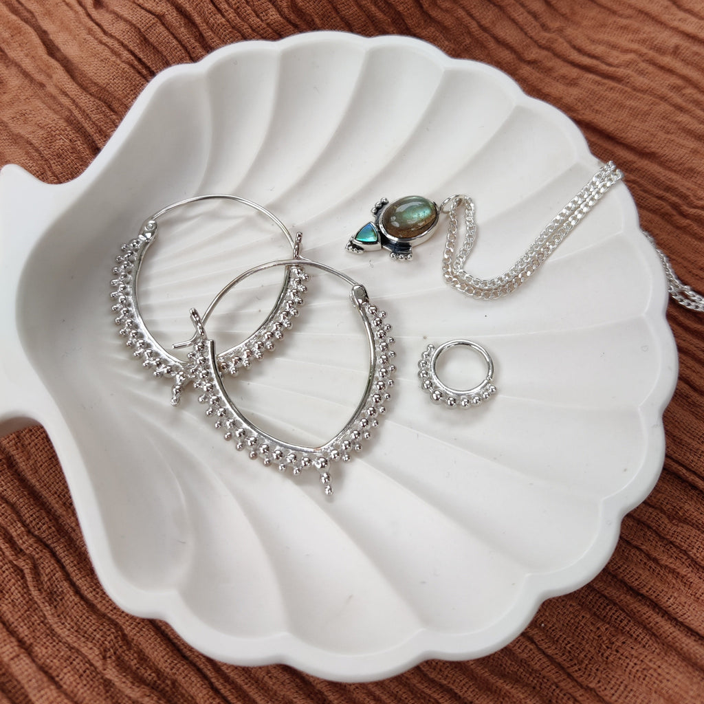 zen silver earrings, labradorite necklace and silver septum